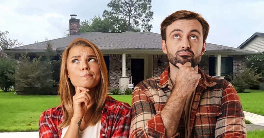 Couple standing in front of a Texas home looking confused about the difference between pre-foreclosure and foreclosure